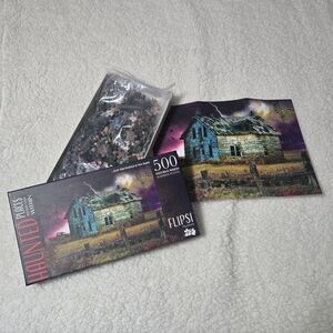 500 piece double sided flip puzzle featuring a haunted farmhouse scene